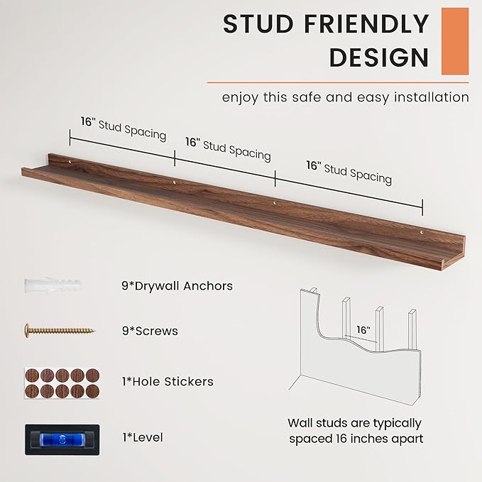FLYJOE Picture Ledge Shelf, Floating Shelves Set of 2, 56 Inches Long Large Nursery Book Shelves for Toys Storage, Kids Bookshelf Wall Mounted for Living Room Bedroom Decor Books Photo Frames, Walnut