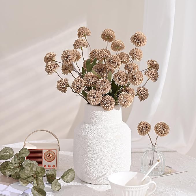 Waipfaru 10pcs Fake Silk Pompon Mum Artificial Flowers, Bulk Faux Mini Chrysanthemums, for Centerpieces Wedding Fillers Champagne Arrangements, No vase, Brown
