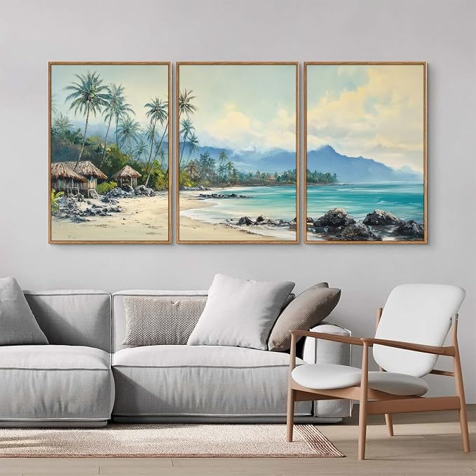 Rantodecor Tropical Coastal Framed Canvas Wall Art, Beach Landscape Posters Wall Decor, Island Palm Trees Beach House Art Paintings, Seascape Mountains Artwork for Bedroom Living Room Office 24"x36"x3