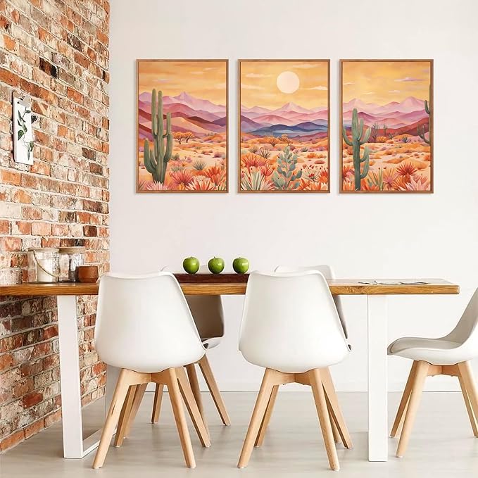 HOURIA 3Pcs Abstract Sunset Mountain Desert Cactus Canvas Wall Art(24"x36"),Vintage Southwest Landscape Arizona Wall Decor,Mid Century Modern Boho Wilderness Art Print for Office Farmhouse Living Room