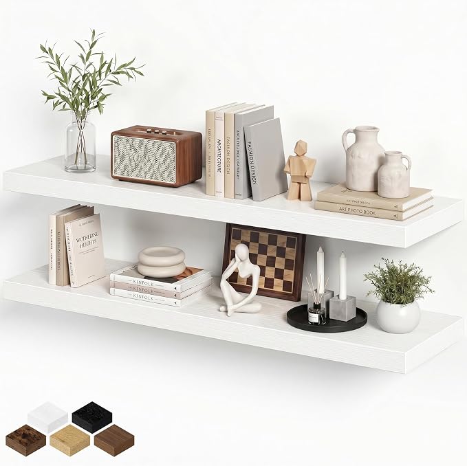 Fun Memories 36 Inch Floating Shelves, Wall Shelves Set of 2 for Bathroom/Living Room/Bedroom/Kitchen, White Floating Shelf for Wall Decor with Invisible Brackets