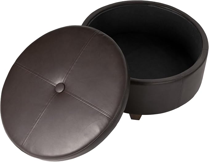 HomePop 32" Large Tufted Round Storage Ottoman - Vintage Brown Faux Leather