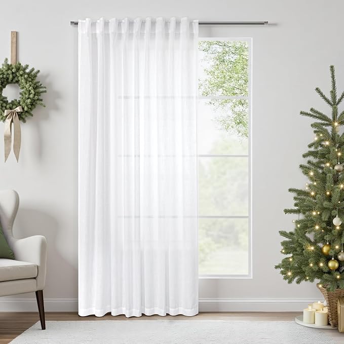 White Curtains 60 Inch Wide for Living Room Extra Large Linen Drapes Semi Sheer Room Dividing Curtains for Patio Sliding Glass Door Apartment Sitting Room 2 Panels Back Tab Pocket Width 60 x 96 Long