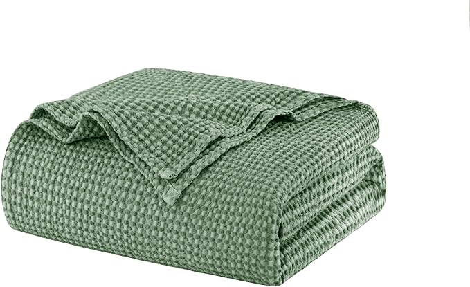 Talasily 100% Cotton Blanket Queen Size for Bed - Spring and Summer Cooling Lightweight & Breathable Bedding -Soft Waffle Weave Christmas Blanket, Machine Washable,Green,90x90 Inches
