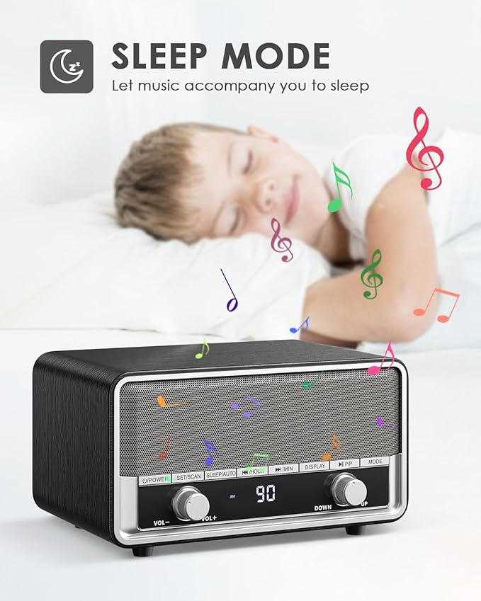 Vintage Wood AM FM Clock Radio with Bluetooth, Digital Clock Radio for Bedroom with LCD Display | 40 Presets | Sleep Timer | No Alarm, Retro Bluetooth Speaker for Office,Home, Kitchen (Space Black)