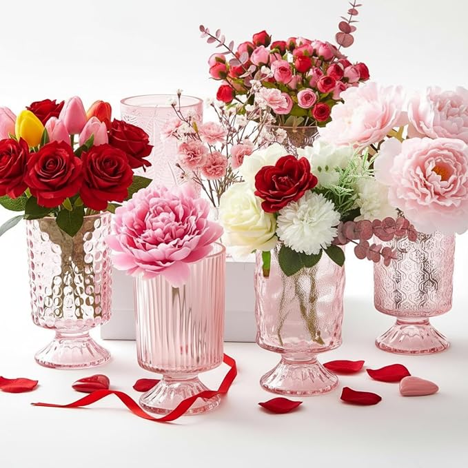 6 Pcs (H: 7" W: 4") Embossed Flower Vase Pedestal Glass Vase Big Base Thickened Crystal Vintage Vases for Wedding Party Home Decor Table Centerpiece House Warming Gifts (Pink,Classic)