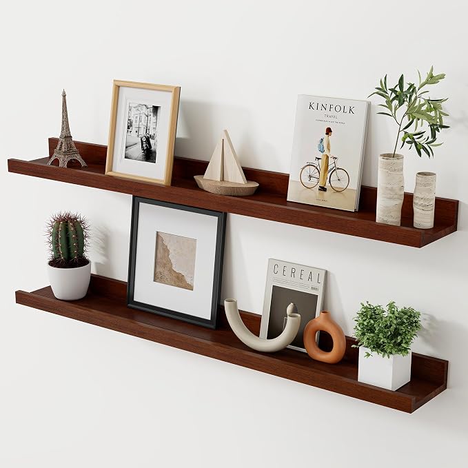 Acovy Floating Shelves for Wall, 36 inch Solid Wood Picture Ledge Shelf, Picture Shelf for Wall with Ledge, Floating Book Shelves for Living Room Bedroom Kitchen Nursery Decor, Walnut, Set of 2