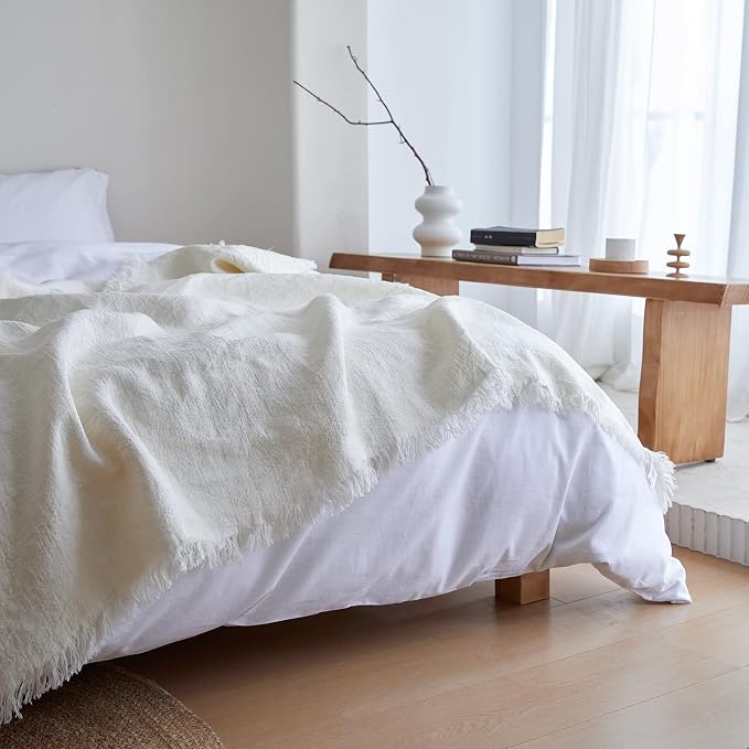 100% Linen Throw Blanket with Fringe for Couch/Bed/Sofa/Gift, Natural Washed Flax Solid Color Soft Breathable Cozy Farmhouse Boho Home Décor - White, 55"x75"