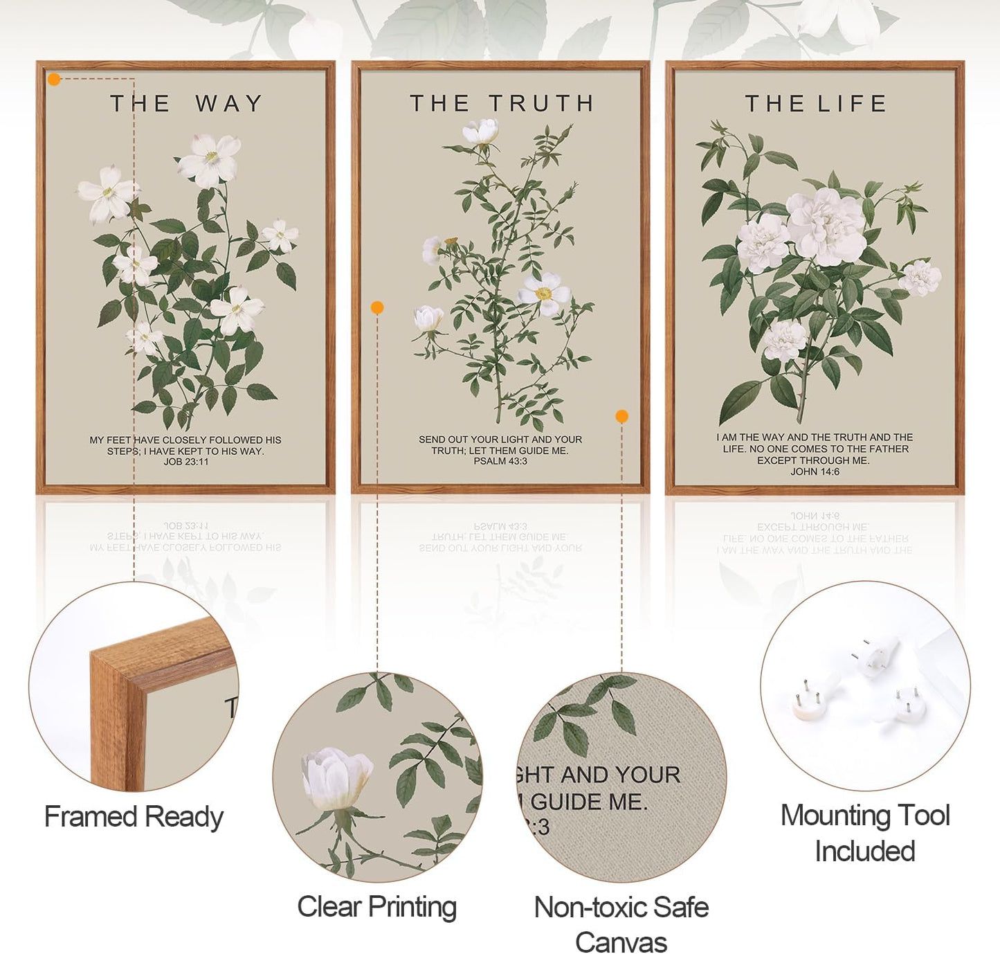 Aurlan The Way The Truth The Life Bible Verse Framed Wall Art(16"x24"), 3PCS Boho Christian Scripture Canvas Artwork, Large Floral Botanical Job 23:11 Psalm 43:3 John 14:6 Decor for Home Bedroom