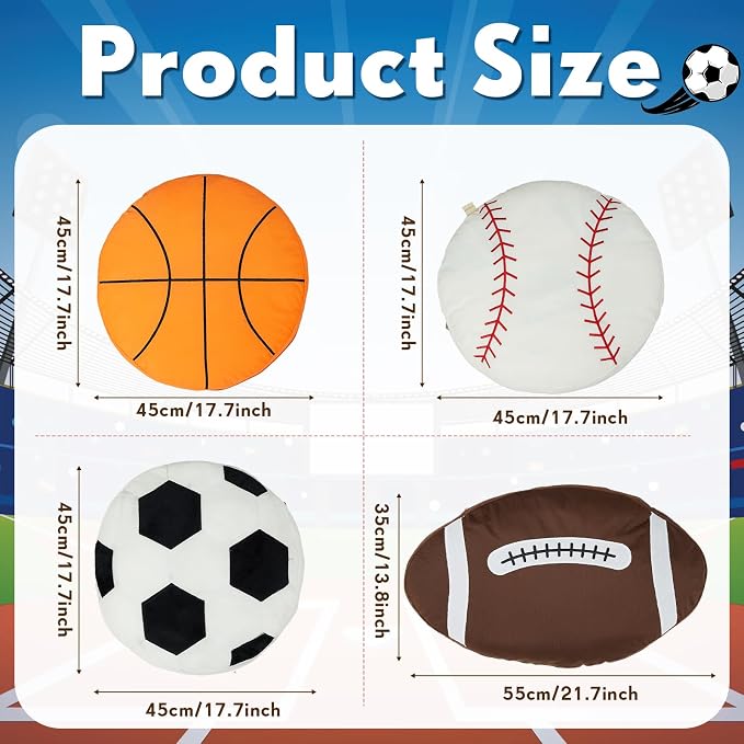 Juexica Sports Throw Pillows Fluffy Stuffed Soccer Basketball Baseball Pillow Plush Toy Sport Cushion for Room Decor Birthday Present(Large,Assorted Color,4)
