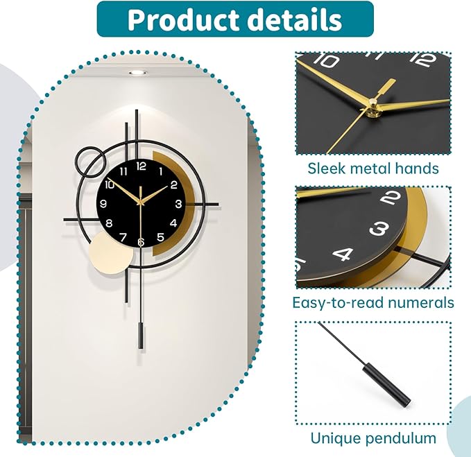 Large Wall Clock for Living Room Decor Modern Wall Clock with Pendulum Silent Quartz Battery Operated Metal Decorative Clock for Dining Room,Kitchen,Home,Bathroom,Bedroom,17.7x27.3 in