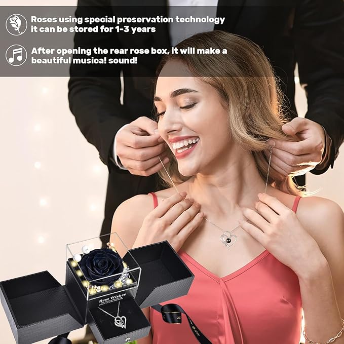 Pasuvsigt Valentines Day Rose Gifts for Her, Preserved Real Rose with I Love You Heart 100-Language Necklace, LED Lights & Music Box, Anniversary Birthday Valentines Gifts for Women Girlfriend Mom
