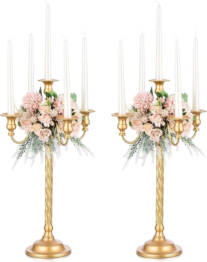 Romadedi Gold 5-Arm Candelabra for Taper Candles, 28 in, Pack of 2 | Metal Candlestick Holders with Curved Branches for Wedding Centerpiece, Reception, Dining Table, and Christmas Decor.