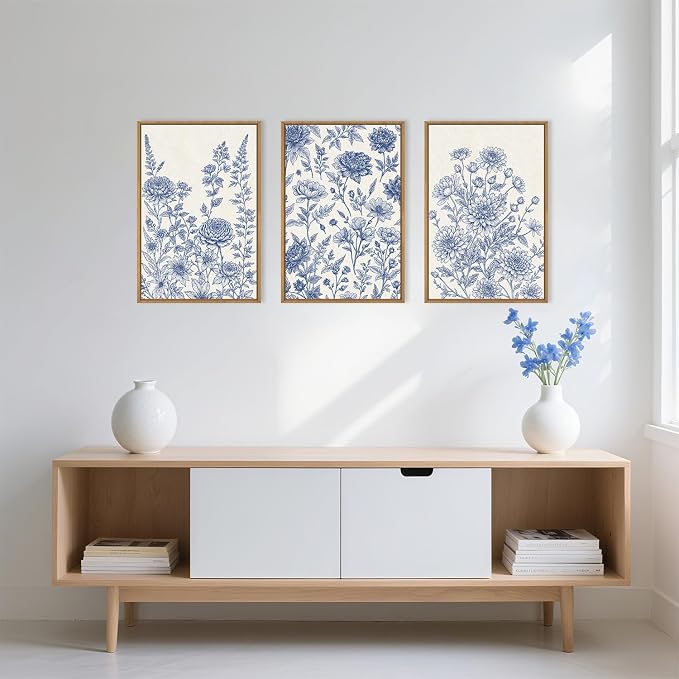 Large Navy Blue Chinoiserie Floral Framed Canvas Wall Art Set,Minimalist Blue and White Flower Wall Decor,Classic Watercolor Botanical Wildflower Art Print for Living Room,Bedroom-24 x36×3