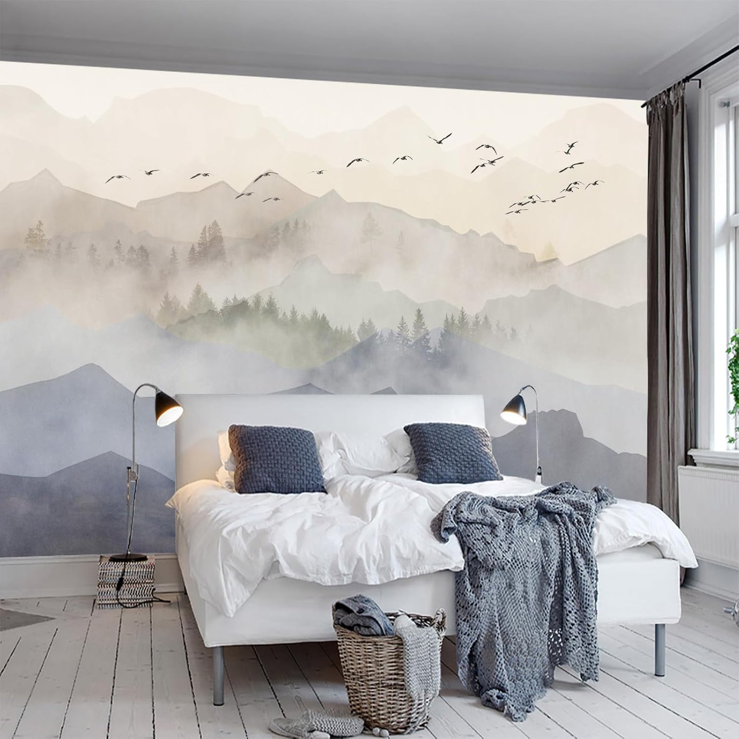 WFBHUA-Foggy Forest Mountain Wallpaper Mural Natural Woodland Landscape Wallpaper for Living Room Bedroom (Not Peel and Stick)