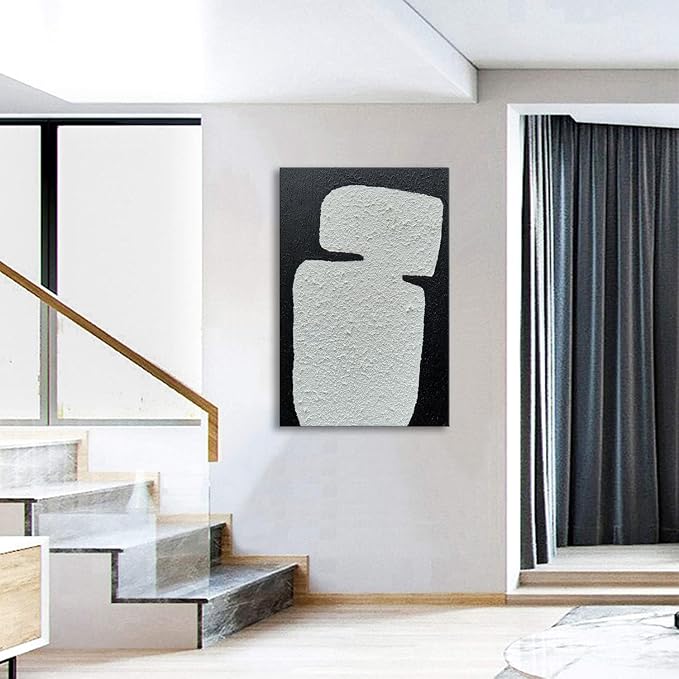 zoinart Hand Painted Textured Wall Art 24x36 Inches Decorative Oil Paintings on Canvas Black and White Abstract Painting Contemporary Art Minimalist Wall Decor