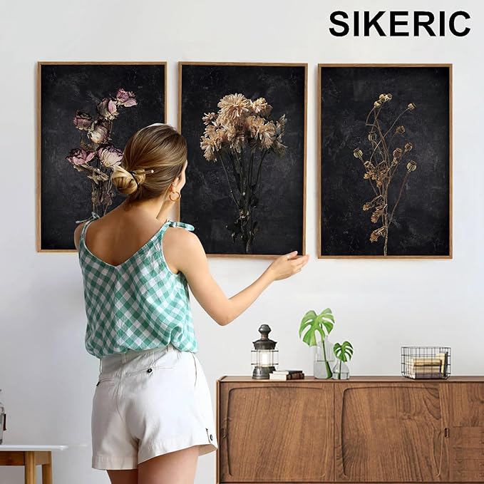 SIKERIC Dark Moody Dried Floral Wall Art, Framed Canvas Print Set of 3, Minimalist Botanical Wildflower Wall Art Decor, Black Modern Farmhouse Wall Art Painting for Living Room, Bedroom, Office-16x24