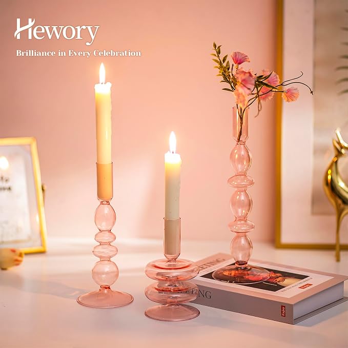 Hewory Glass Pink Candlestick Holders: Set of 3 Taper Candle Holders Vintage Candle Stick Candleholder, Colorful Glass Bubble Candleholders for Table Centerpiece, Wedding, Dinner, Party, Home Decor
