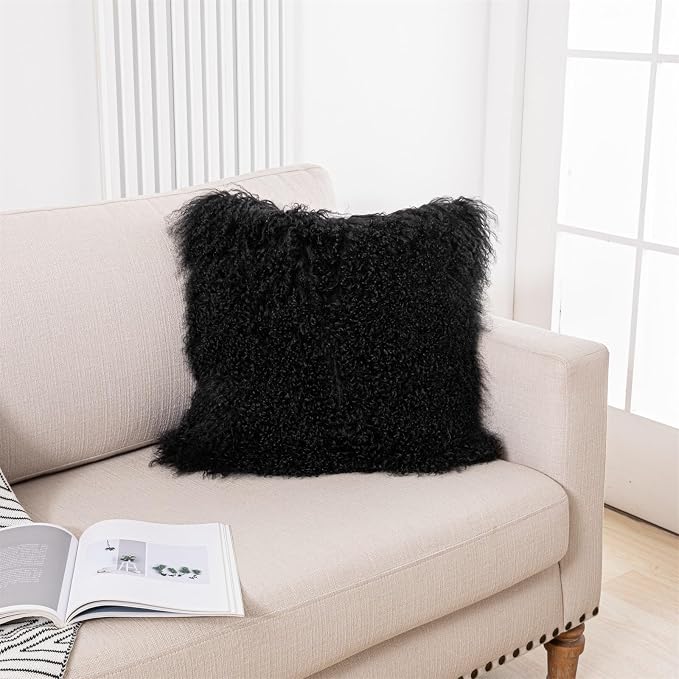 Black Mongolian Lamb Fur Pillow Cover Luxurious Sheep Skin Cushion Cover Soft Plush Fur Pillow Case Home Decorative Square Throw Pillow cover Plain Wool Pillow Protector 16 X 16 Inch Bedroom