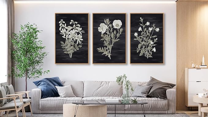 Large Botanical Wall Art for Living Room Natural Wood Float Framed Art Set of 3 White Flowers Pictures Artwork Green Leaf Canvas Prints for Bedroom Kitchen Home Office Wall Decor 20"X28"X3
