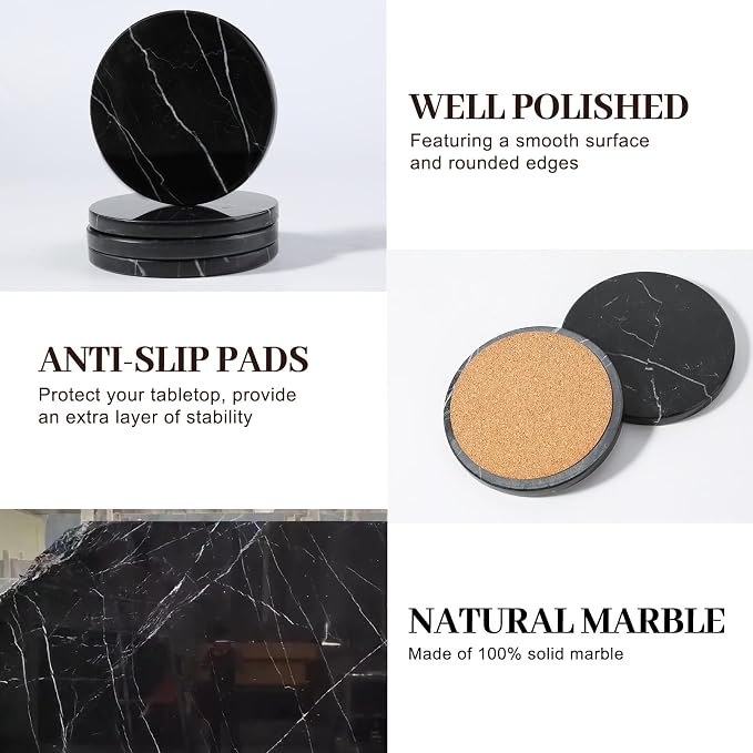Koville Marble Coaster Set of 4, Round Coasters, 4" Stone Coaster for Drinks Coffee, White Marble Coasters for Coffee Table Home Bar Decor, Heat Resistant, Gift Choice(Black)