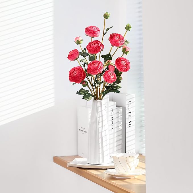 6Pcs Realistic Silk Pink Ranunculus Artificial Flowers Long Stems, 23.6" Tall Fake Flowers Faux Flowers Suit for Year-Round Home Decoration, Wedding, Bridal Bouquets, Office