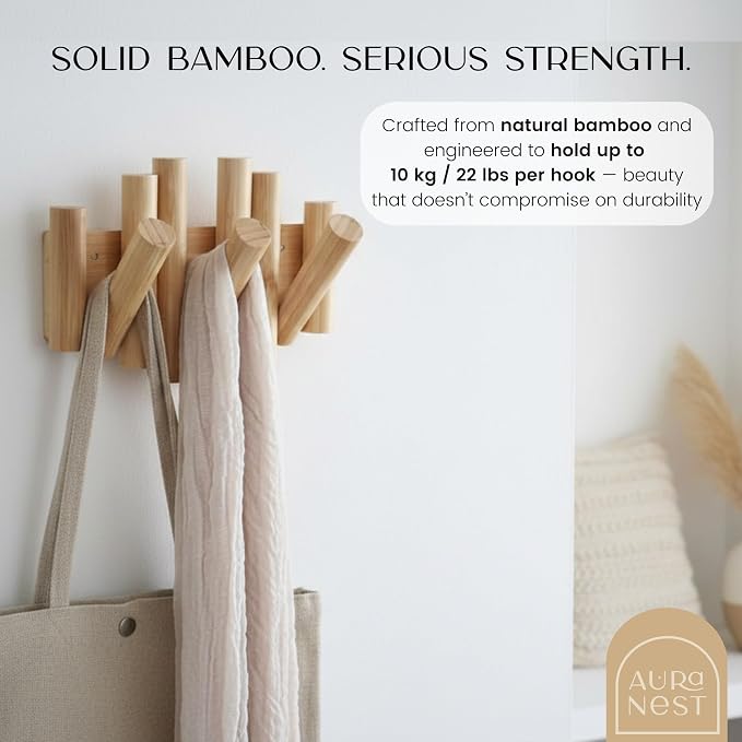 Bamboo Piano Coat Rack Wall Mount Pivoting Retractable Wooden Hooks for Entryway Hallway Mudroom Bedroom | Natural Wood Wall Hanger, 3 Hooks, Space Saving Organizer