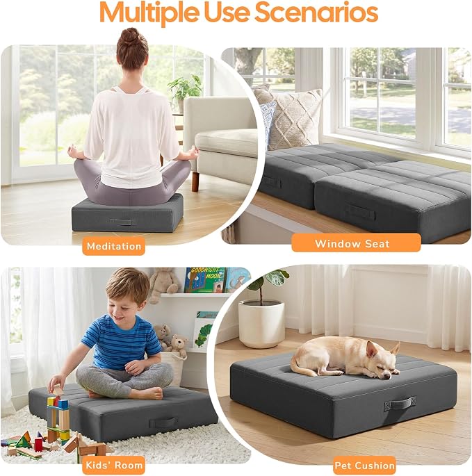 MeMoreCool Square Floor Pillows for Adults Kids, 2 Sets Large Meditation Cushion with 5" Thick Foam and Washable Tufted Cover, 22 Inch Grey Seat Floor Cushions for Sitting and Yoga