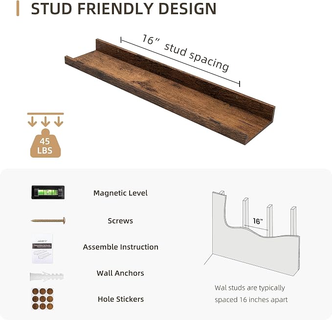 Acovy 24 inch Picture Ledge Shelf, Wood Floating Shelves Set of 4, Brown | Photo Ledge, Nursery Book Shelves, Wall Mounted, For Living Room Kids' Room Bedroom