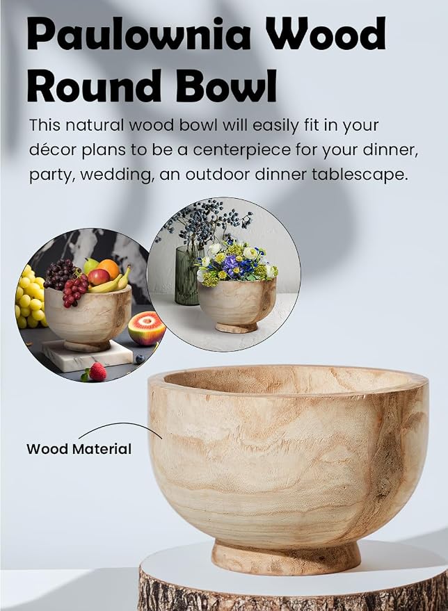 Serene Spaces Living 11" Paulownia Wood Round Bowl, Handmade Wooden Decorative Bowl Fruit Basket for Décor, Parties, Wedding Centerpiece, Floral Arrangements, 7" Tall and 11" Diameter, Pack of 6