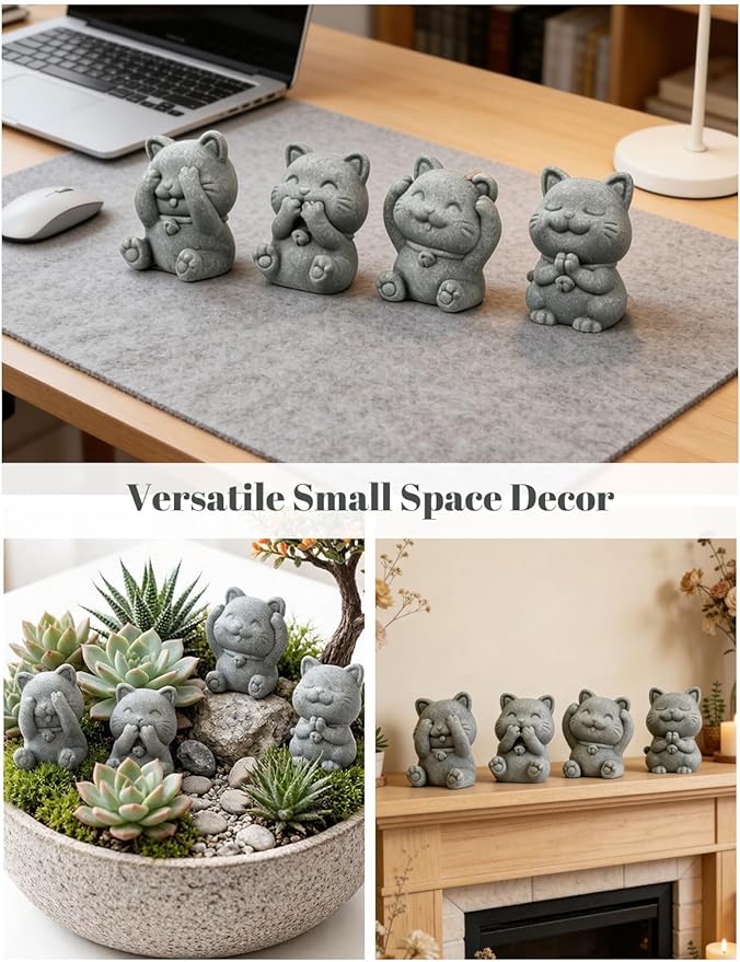 4 Piece Cute Cat Figurine Set, Sandstone See no Evil,Hear no Evil,Speak no Evil,Do no Evil Statues, Zen Desk/Garden Decor, Adorable Kitty Accents for Home Office
