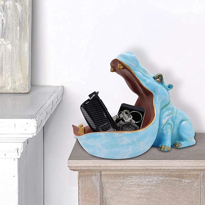aboxoo Hippo Statue Home Resin Hippopotamus Figurine Fun Candy Dish,Key Bowl,Big Mouth Sculpture Table Art Decoration Sundries Container Storage Box (Light Blue)