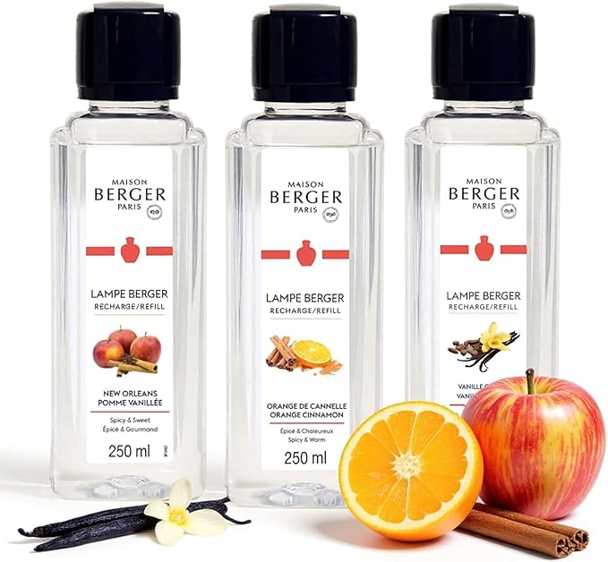 MAISON BERGER Lamp Refill Trio Warm – 3 x 250 ml Home Fragrance Refills for Lampe Berger Catalytic Lamps – Vanilla Gourmet, New Orleans & Orange Cinnamon – Helps Purify Then Fragrance the Air