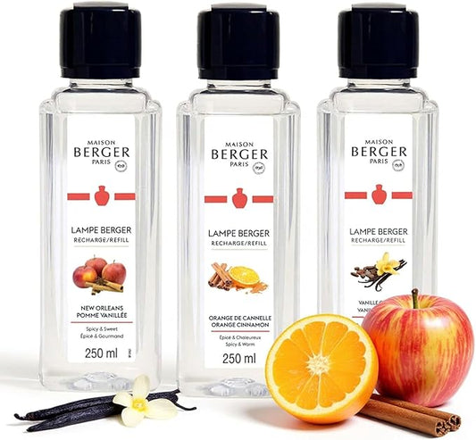 MAISON BERGER Lamp Refill Trio Warm – 3 x 250 ml Home Fragrance Refills for Lampe Berger Catalytic Lamps – Vanilla Gourmet, New Orleans & Orange Cinnamon – Helps Purify Then Fragrance the Air