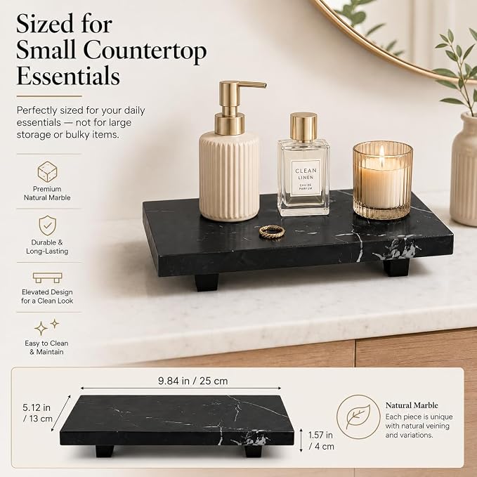 Small Black Marble Soap Dispenser Pedestal Tray 9.84 in | Stone Pedestal Tray for Bathroom Counter, Vanity Riser for Perfume, Jewelry, Candles and Dresser Decor