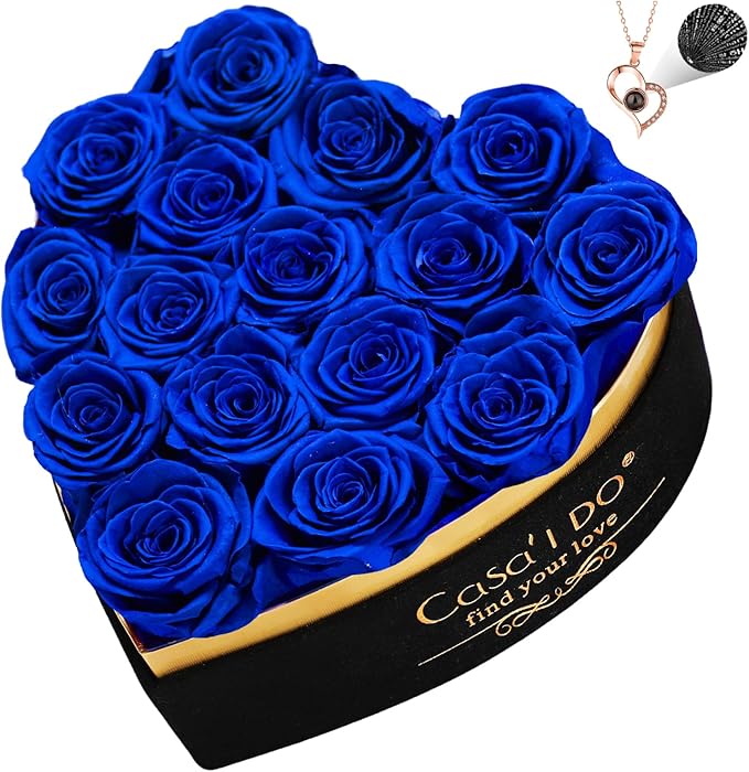 Casaido Preserved Roses Flowers for Delivery 16 Pcs, Mothers Day Rose Gifts for Her, Forever Flores in Heart Box with Necklace, Anniversary Birthday Christmas Vanlentine Gift for Wife Girlfriend, Blue