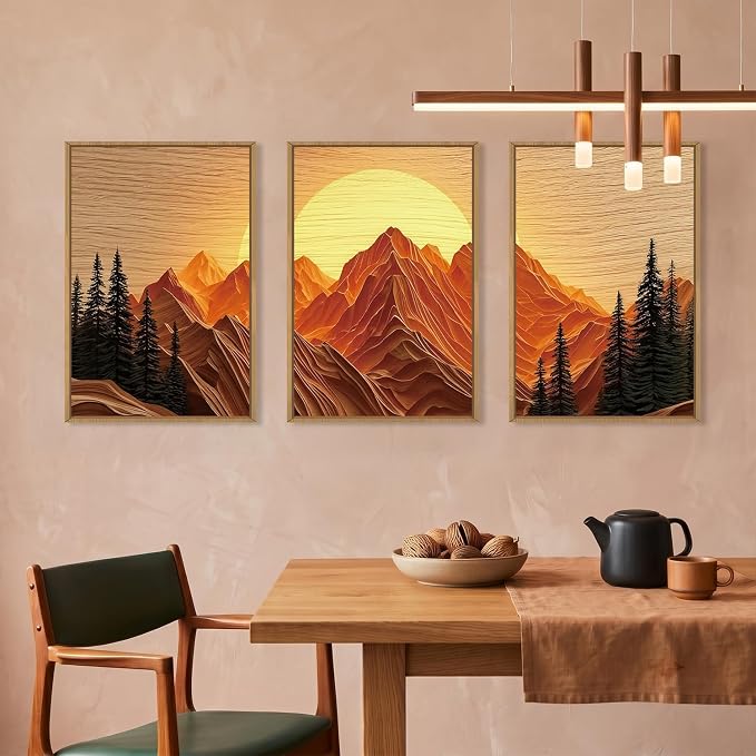 Large Boho Golden Mountain Framed Canvas Wall Art Set, Abstract Ridge Sunset Landscape Wall Decor, Natural Wooden Pine Tree Scenery Artwork for Living Room,Bedroom,Office-24 x36 x3