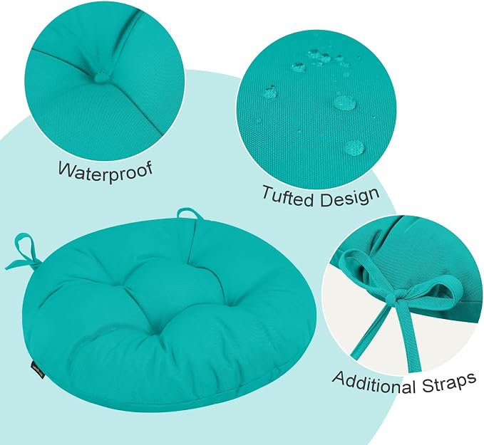 idee-home Outdoor Bistro Chair Cushions Set of 4, Round Seat Cushions | 15”x15”x 4” Thick Outdoor Round Seat Pads Tufted with Ties, Waterproof Patio Furniture Pads for Garden