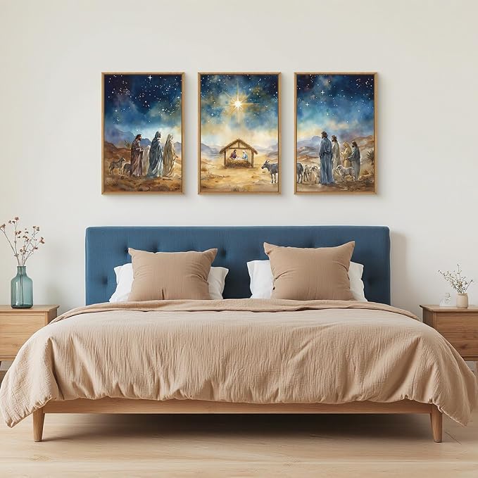 LHIUEM Large Bible Christian Religious Framed Canvas Wall Art Set,Birth of Jesus Nativity Wall Decor,Christmas Mary and Joseph Artwork for Living Room,Bedroom,Dining Room,Office -16"x24"x3