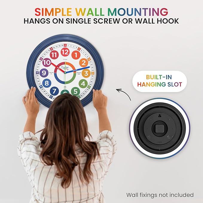 Oyster&Pop 16 Inch Extra Large Classroom Clock for Kids Learning to Tell Time – Silent Non-Ticking Analog Wall Clock – Color Coded Easy to Read – Indoor Outdoor