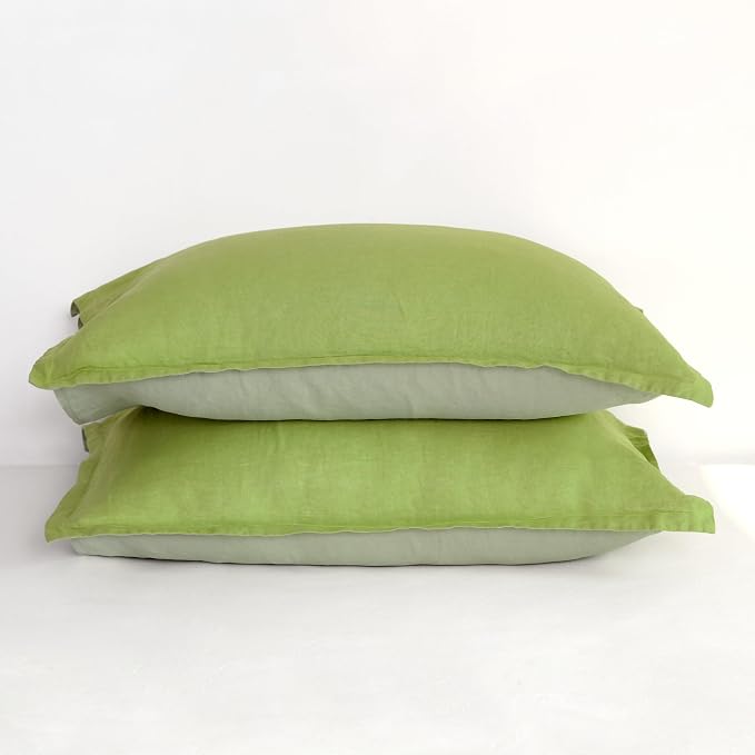 Linen World Linen Pillow Cases 20X40Inch Set of 2,100% French Natural Flax Pillowcase with Envelope Closure-Stone Washed Pillow Shams King Size,Lime Green&Sage Green