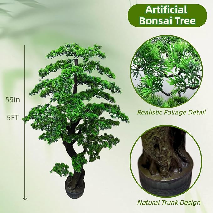 5FT Artificial Bonsai Tree in Pot – Large Realistic Cedar Tree Faux Pine Plant for Home & Office Decor, Hotel Lobby Entryway Greenery