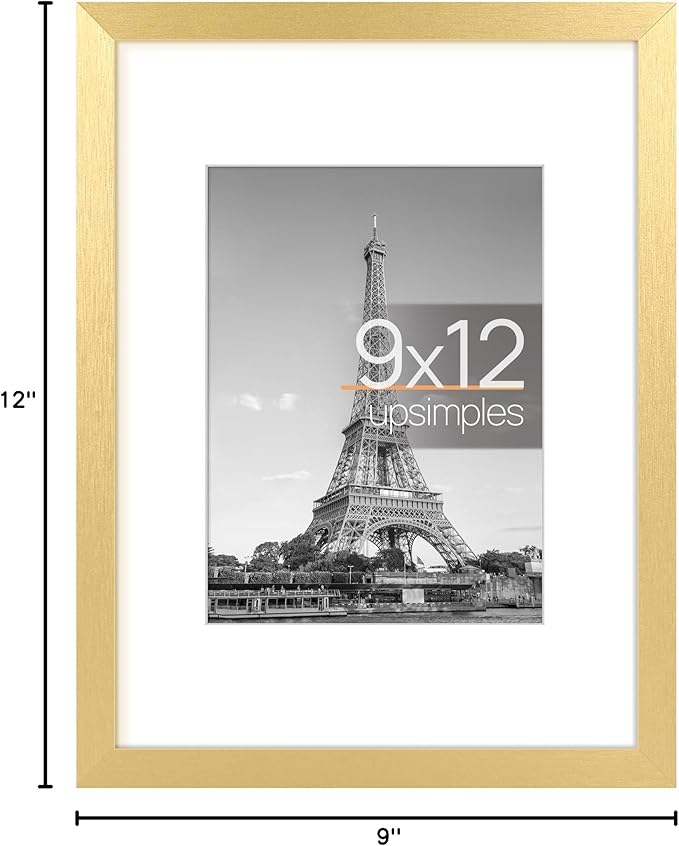 upsimples 9x12 Picture Frame, Display Pictures 6x8 with Mat or 9 x 12 Without, Wall Hanging Photo Frames, Gold, 1 Pack