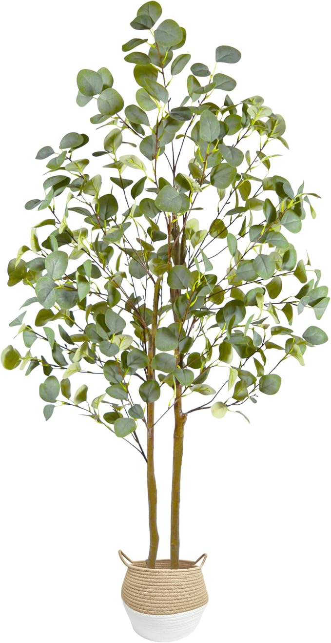 Warmplants Artificial Eucalyptus Tree, 5ft Tall Fake Eucalyptus Plant with Woven Basket, 60'' Silk Leaves Faux Tree for Indoor Home Office Livingroom Garden Floor Décor