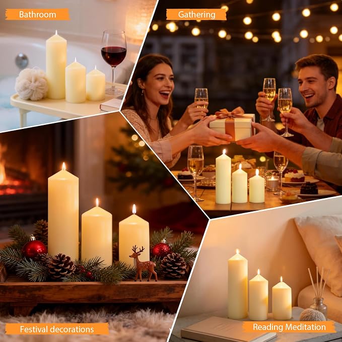 6 Pcs Ivory Pillar Candles Bulk Set, 3 Different Lengths 2 x 3/4/6 Inch (2 Each), Dripless Unscented Smokeless,Hurricane Candles,Gives You a Better Atmosphere When Organizing an Event Party.