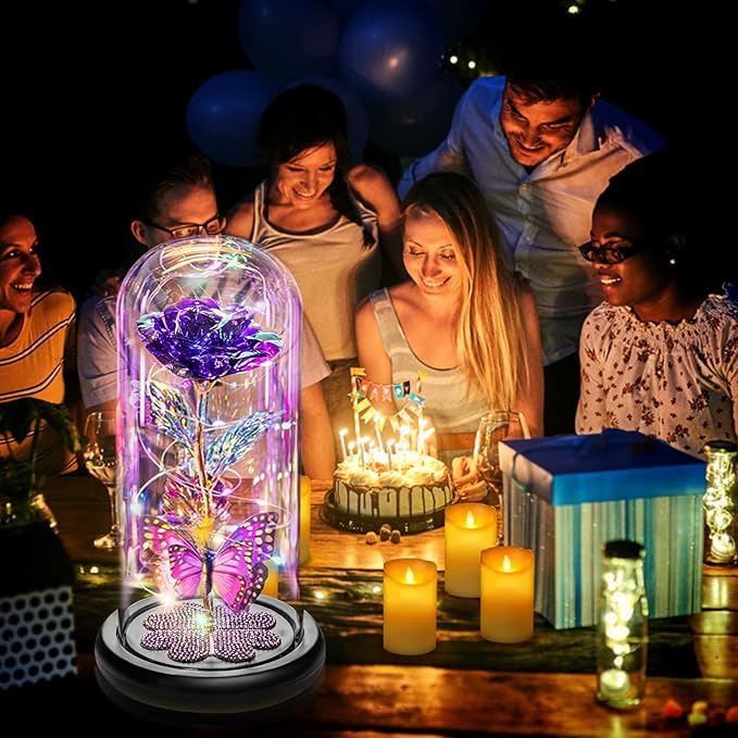 Mothers Day Mom Gifts for Mom Women Birthday Gift Galaxy Glass Rose in Glass Dome Forever Eternal Crystal Flowers with Butterfly Mother's Day Flower Gifts for Women Wife Grandma Daughter Sister Purple