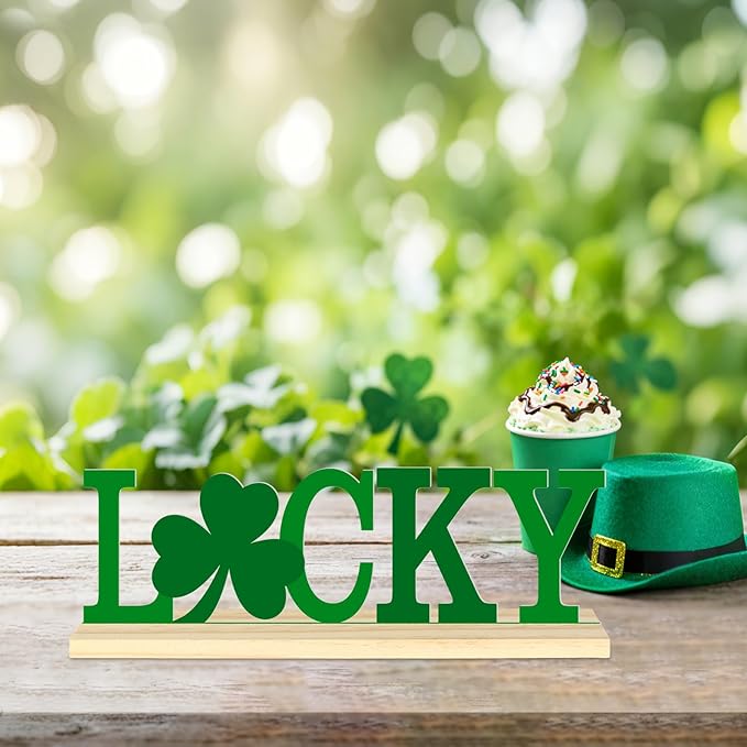 Metal St. Patrick’s Day LUCKY Table Sign, St. Patrick’s Day Tabletop Decoration with Wood Base, Green Shamrock Holiday Centerpiece Sign Decor for Home, Office, Shelf, Mantel Party Supplies