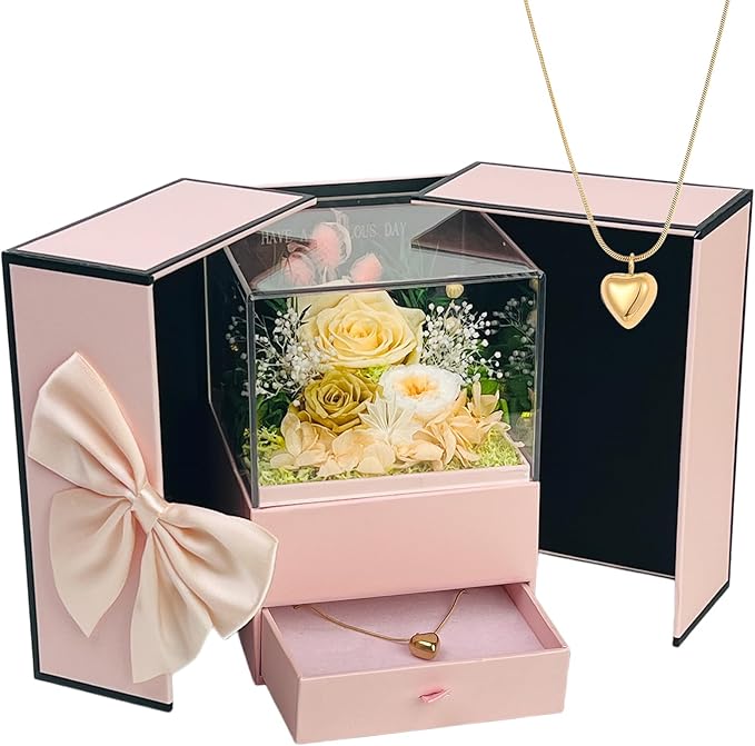 Preserved Flowers in A Gift Box with Bow - Forever Yellow Roses with Gold Heart Necklace for Her - Valentines Day Mother's Day Birthday Anniversary for Women Wife Mom Grandma (Yellow)