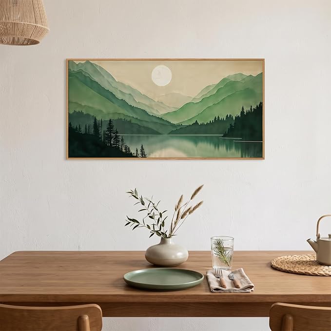 Watercolor Mountain Framed Canvas Wall Art Set, Boho Sun Forest Wall Decor, Green Scenery Wall Painting, Modern Woodland Artworks for Living Room, Bedroom, Dining Room, Office-20 x40x1
