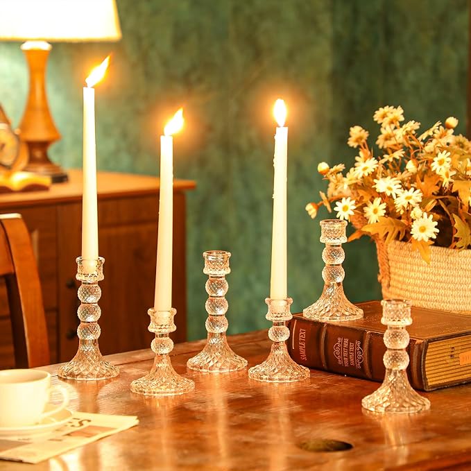 Mumufy 48 Pack Glass Taper Candle Holders Clear Candlestick Holder Fit 0.8 Inch Candles 4'' 6'' 8'' Tall Crystal Decorative Candlestick Stand Centerpiece for Table Wedding Dining Party (Vintage)